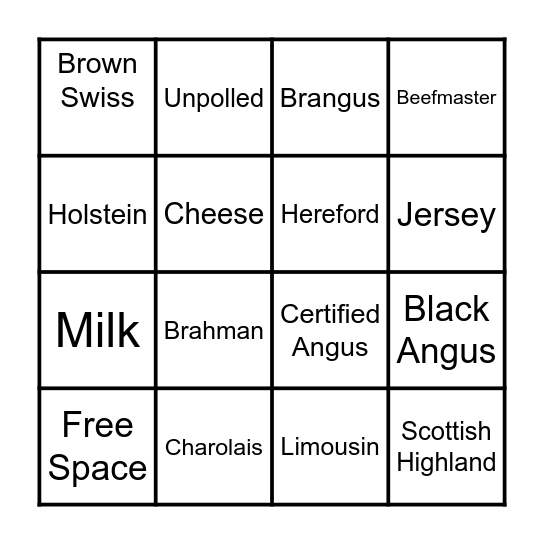 Cattle Breeds Bingo! Bingo Card