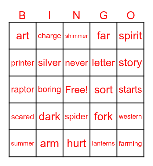 Bossy R Bingo Card