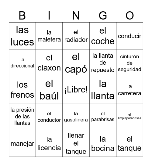 Bingo de Español 2 Buen Viaje Capítulo 11 El coche y la carretera Bingo Card