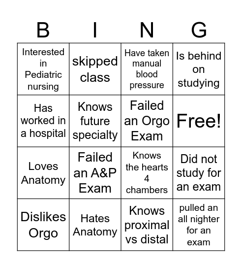 Nursing Bingo Card