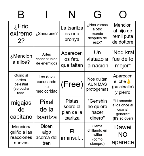 BINGO DE SNEZHNAYA Bingo Card