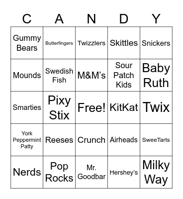 Candy Bar Bingo Card