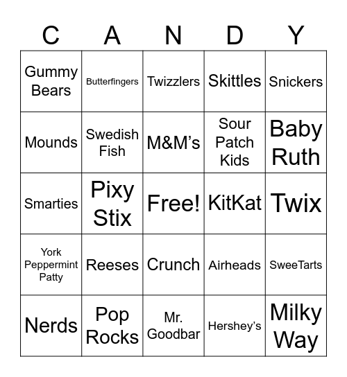 Candy Bar Bingo Card