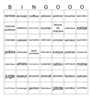 Les professions p2 et 3 Bingo Card