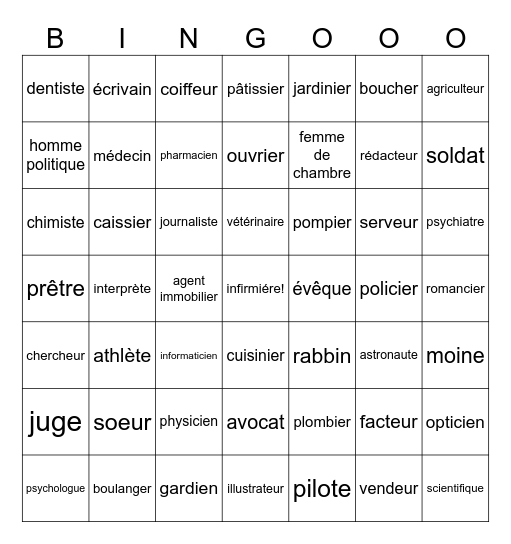 Les professions p2 et 3 Bingo Card