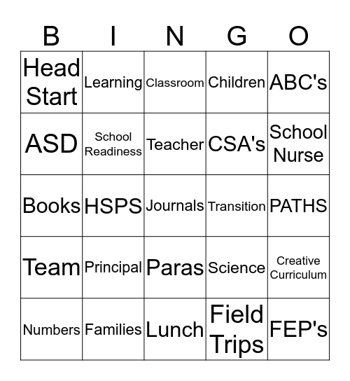 ASD - HEAD START Bingo Card