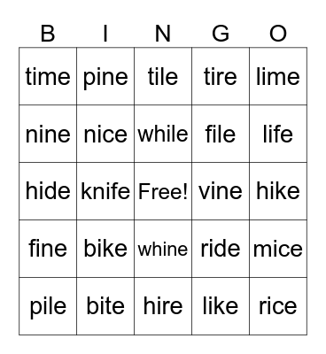 Long i (silent e) Bingo Card