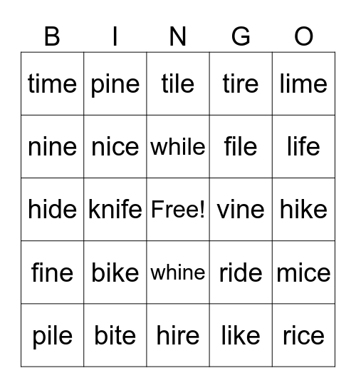 Long i (silent e) Bingo Card