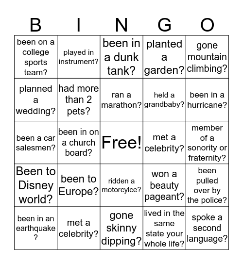 HAVE YOU EVER.... Bingo Card