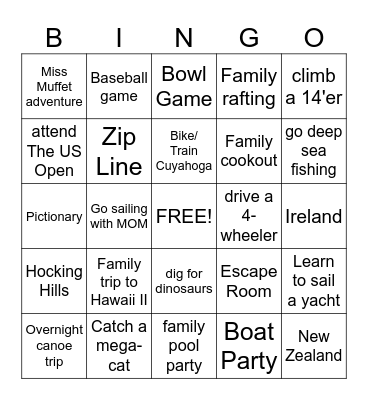Bucket List Bingo Card