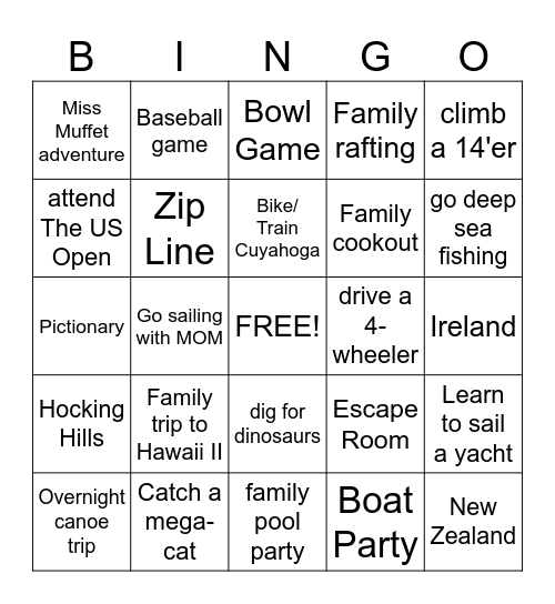 Bucket List Bingo Card