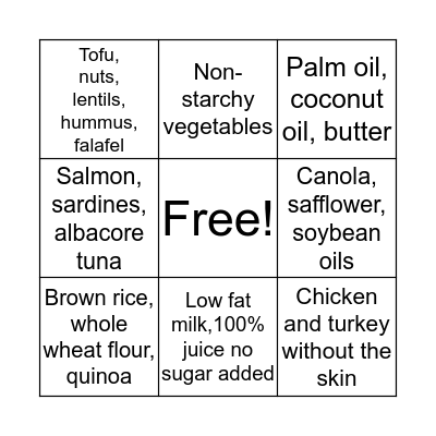 Food Groups Bingo Card