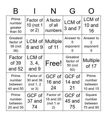 Factors and Multiples Bingo Card