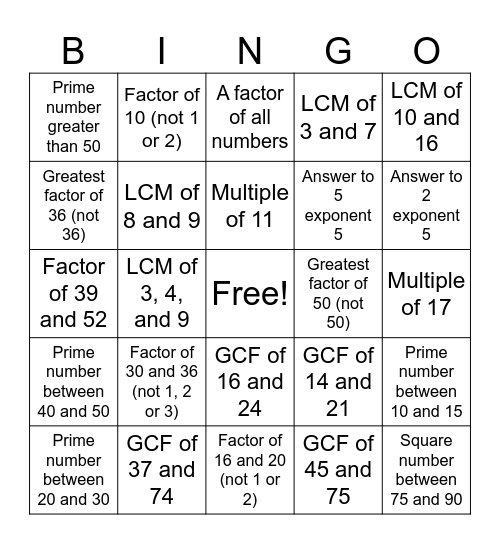 Factors and Multiples Bingo Card