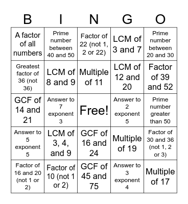 Factors and Multiples 2 Bingo Card