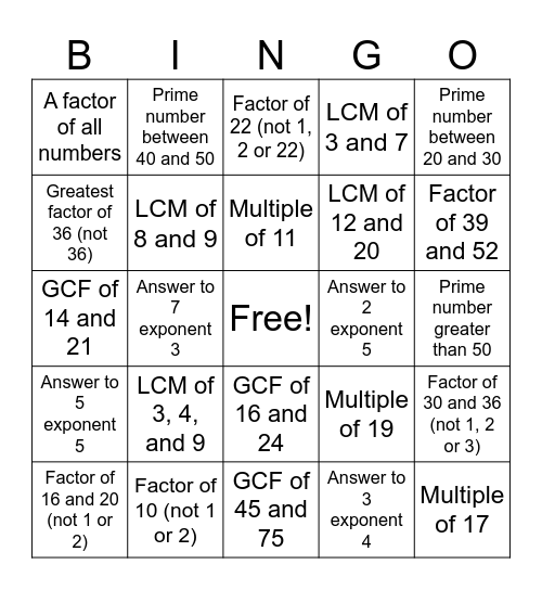 Factors and Multiples 2 Bingo Card