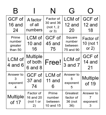 Multiples and factors Bingo Card