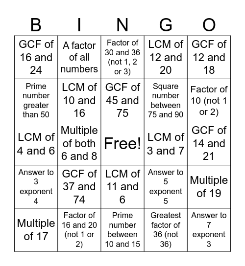 Multiples and factors Bingo Card
