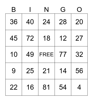 Multiplication Bingo Card
