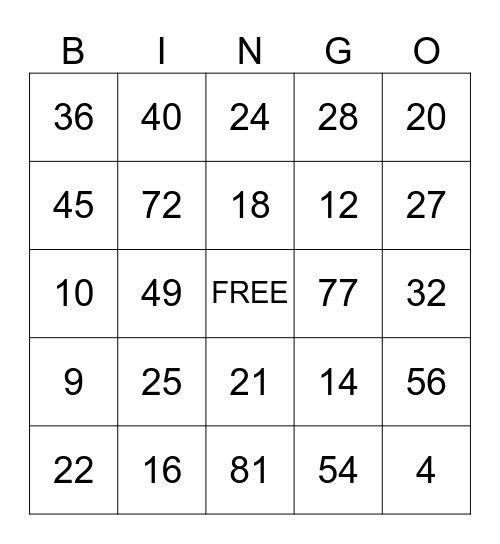 Multiplication Bingo Card