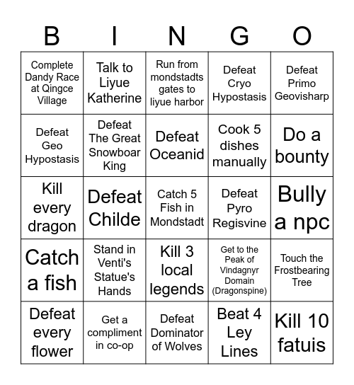 Genshin Lockout Bingo Card