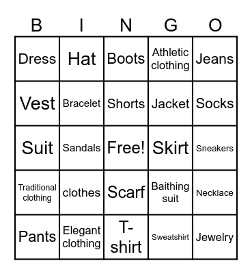 La ropa Bingo Card