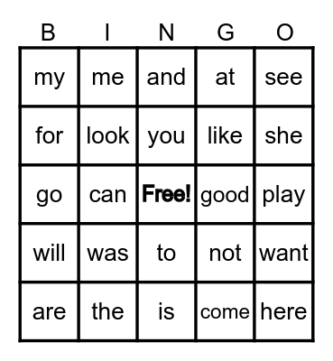 Kindergarten Sight Words Bingo Card