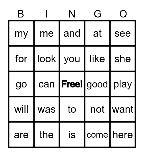 Kindergarten Sight Words Bingo Card