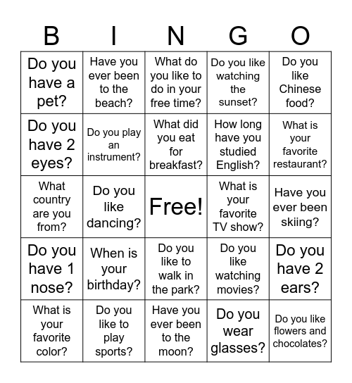 Talk to your Classmates Bingo Card