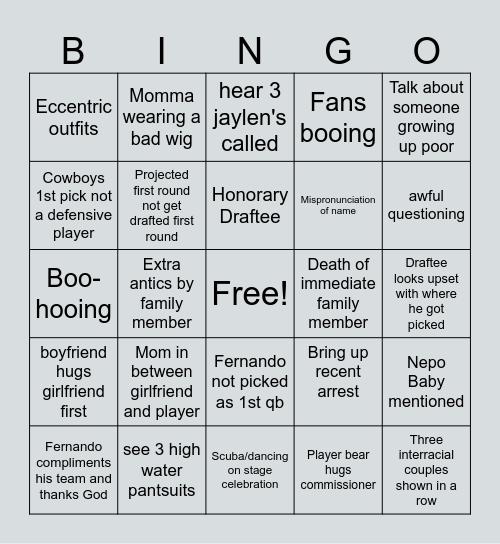 NFL DRAFT Bingo Card