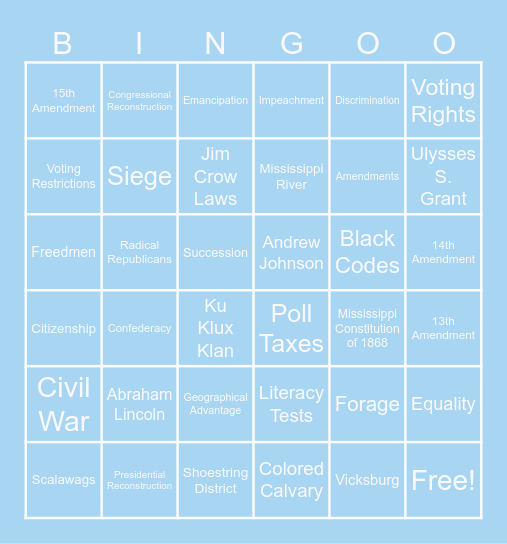 MS Studies- Civil War and Reconstruction Bingo Card