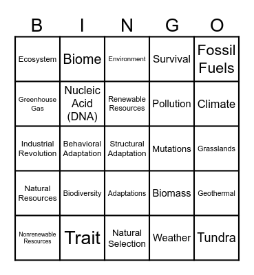 UNIT 8: CLIMATE CHANGES Bingo Card