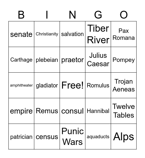 Ancient Rome Bingo Card