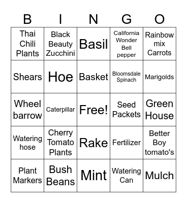 Gardening  Bingo Card