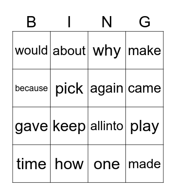 Sight words 76-100 Bingo Card