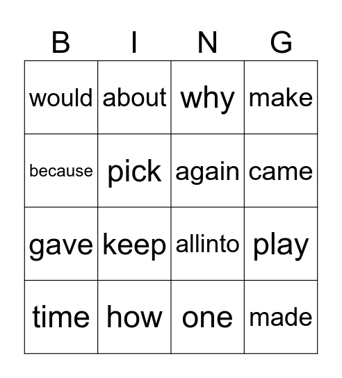 Sight words 76-100 Bingo Card