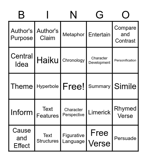 3rd Grade Vocabulary Bingo Card