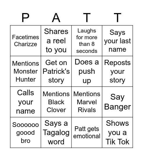 Pattchelor Bingo Card
