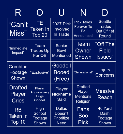 2026 NFL DRAFT FIRST ROUND BINGO! Bingo Card