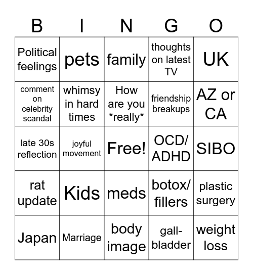 Carrie Q&A Bingo Card