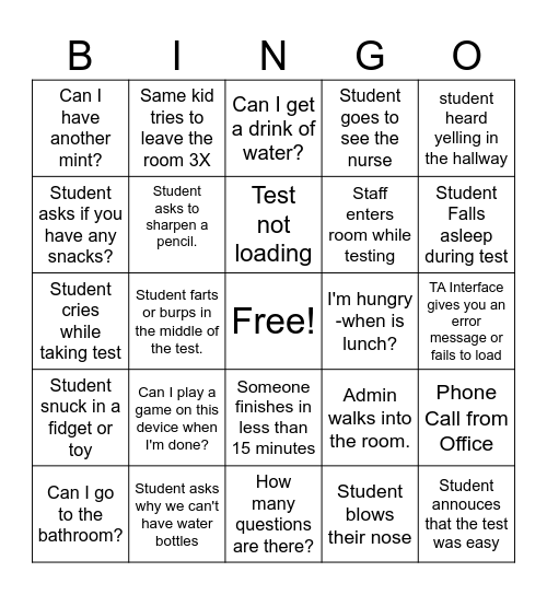 State Testing BINGO Card