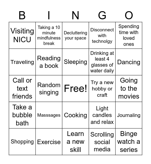 Self Care Bingo Card