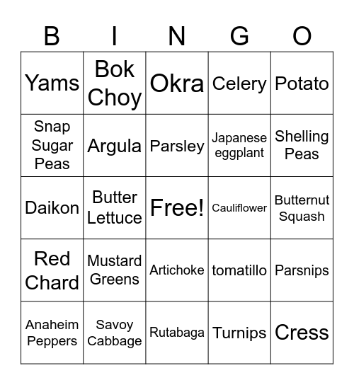 Vegetable Plant Bingo Card