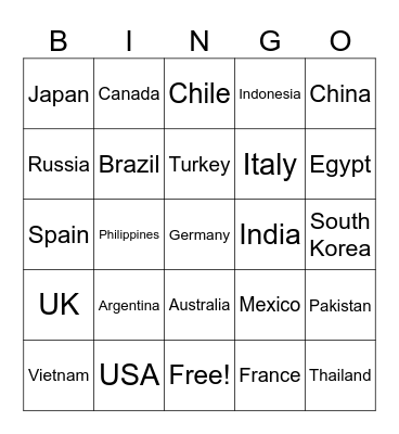 Countries Bingo Card
