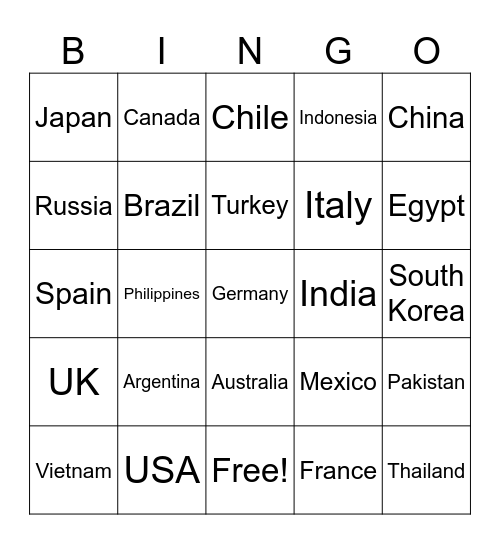Countries Bingo Card