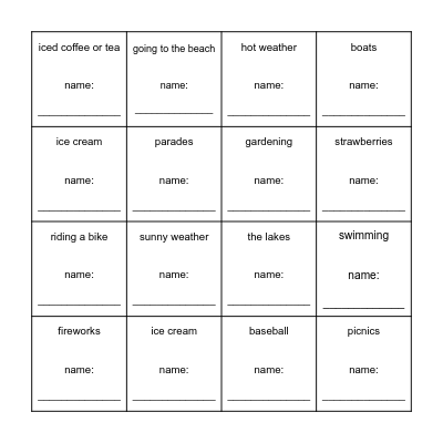 Summer: Do you like....? Bingo Card