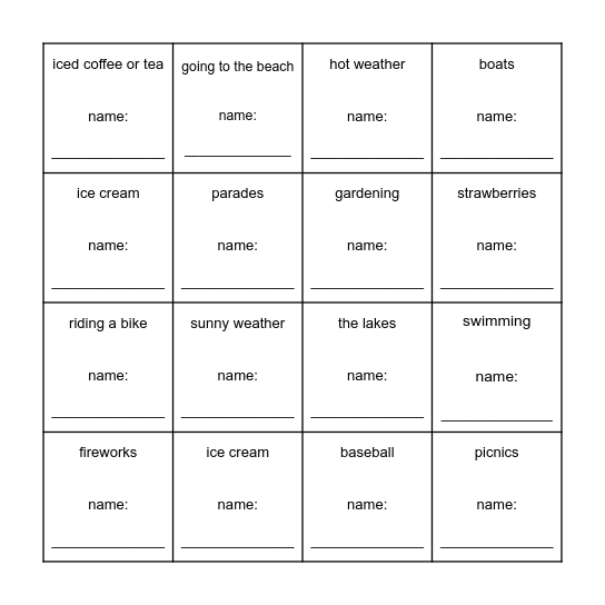 Summer: Do you like....? Bingo Card