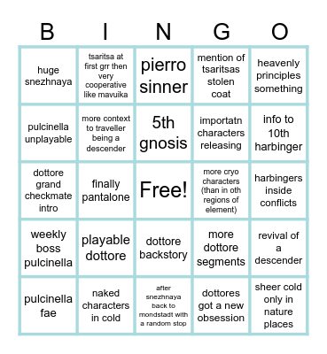 snezhnaya Bingo Card