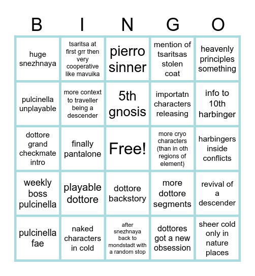 snezhnaya Bingo Card