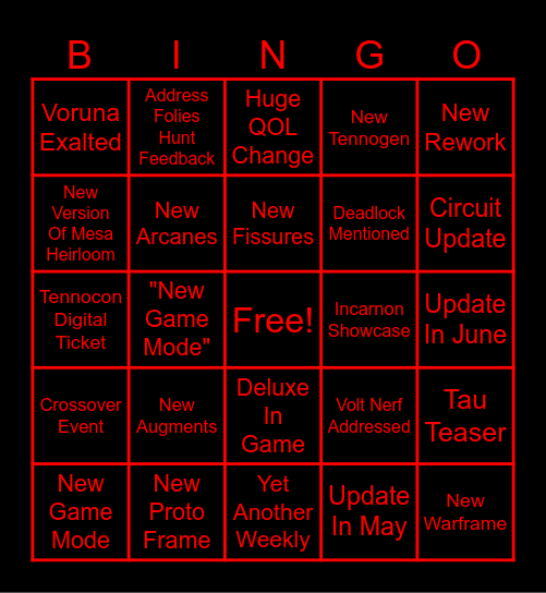 April 2026 Warframe Devstream Bingo Card
